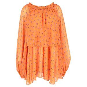 Rotate Birger Christensen Off-Shoulder Floral Mini Dress in Orange Chiffon
